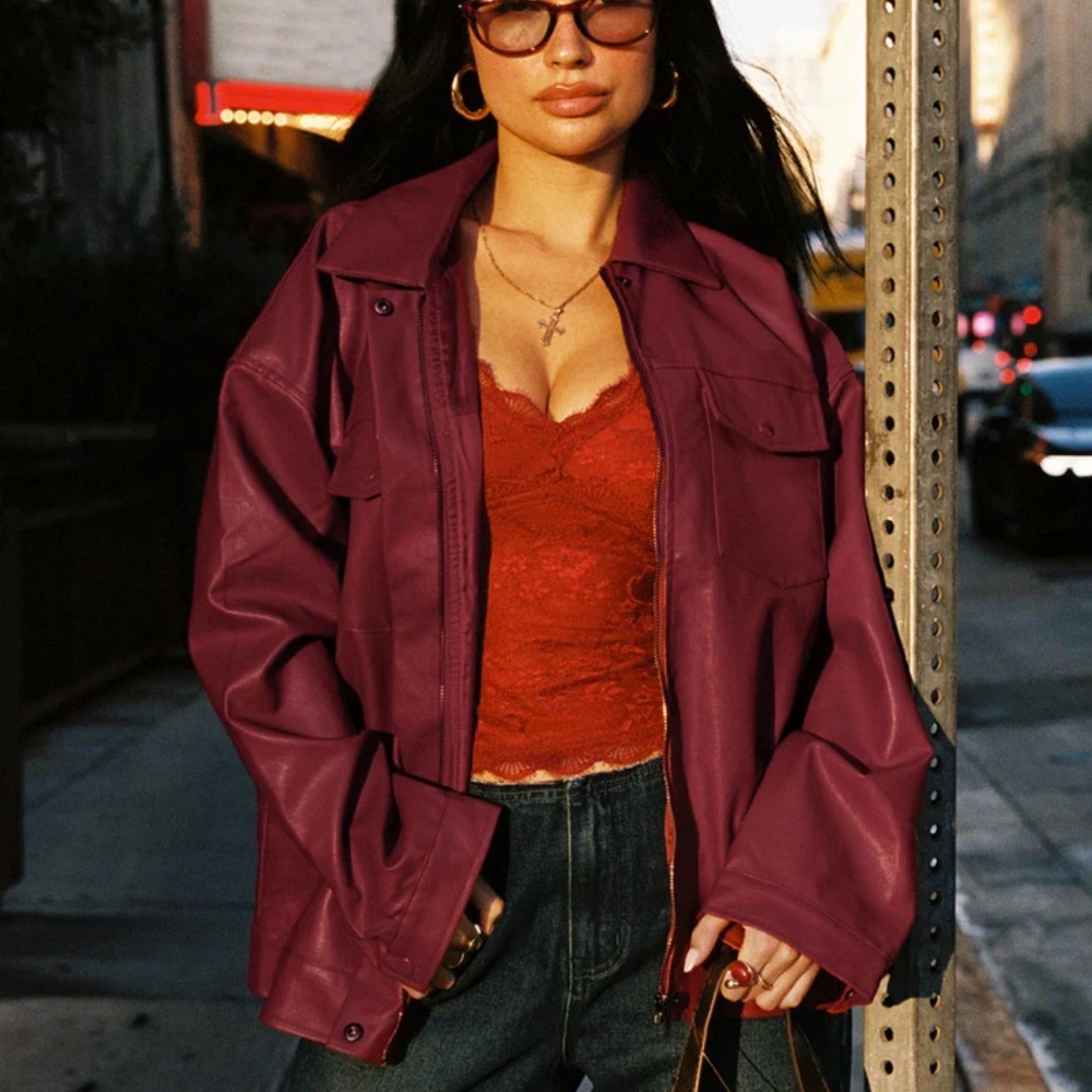 Red Leather Jacket with Oversized Fit and Smooth Texture
